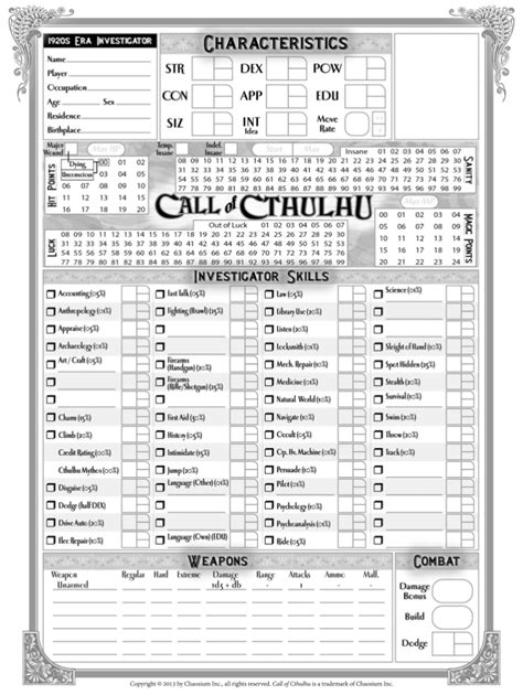 Call Of Cthulhu Character Sheet