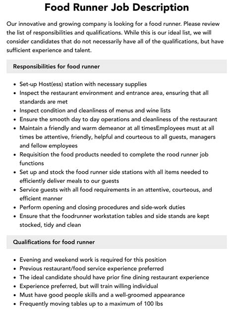 Food Runner Job Description
